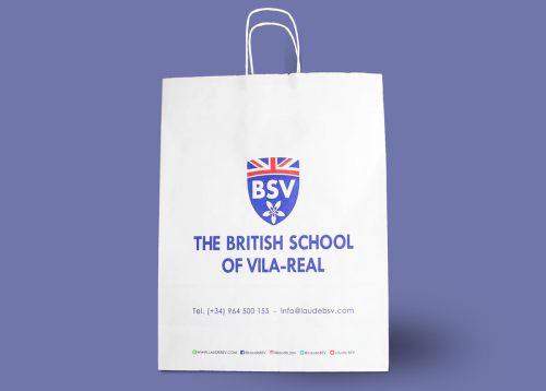 Bolsa papel personalizada con asas de cordón de algodón del British School of Vila-Real